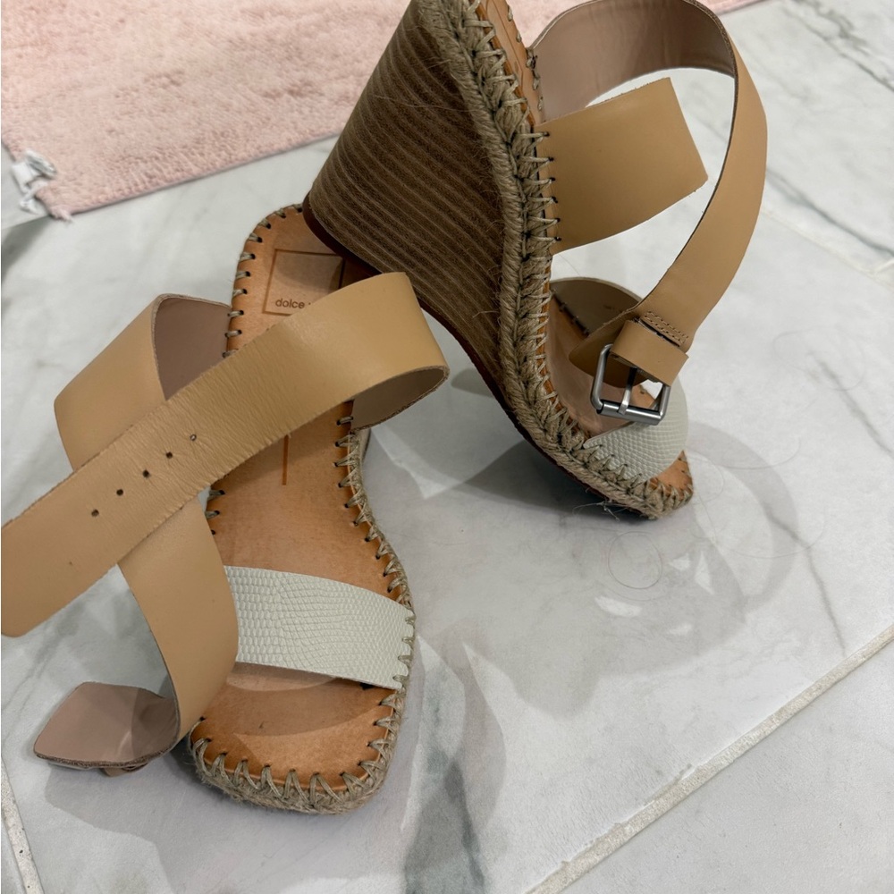 Dolce Vida Tan and Cream Wedge Sandals.  Heels are 4 inches high.